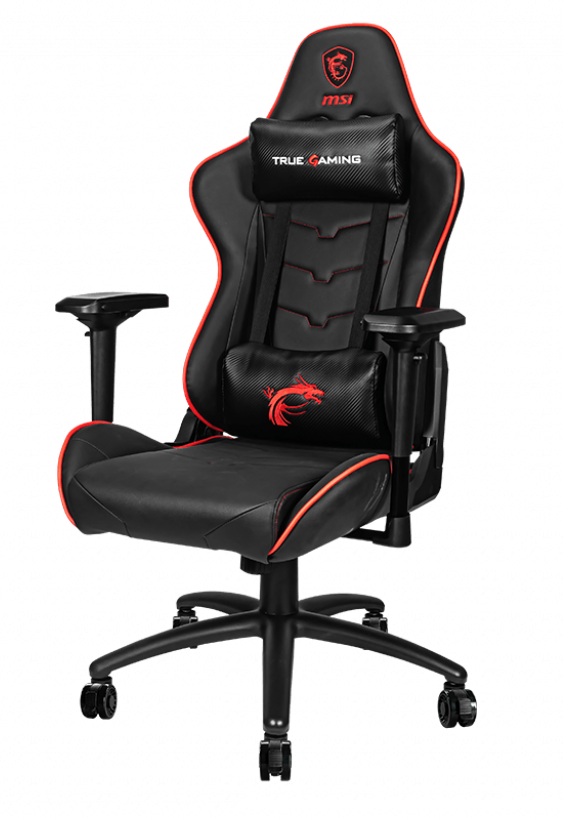 Игровое кресло MSI MAG CH120X black MSICH120X-B, до 150 кг, экокожа, металл, пластик, 4D, до 180 градусов, цвет: черный с красной отделкой (9S6-B0Y10D